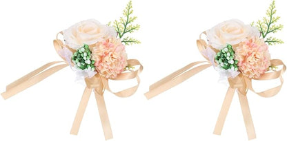 MECCANIXITY Wrist Corsage Artificial Flower Bracelets Pack of 2 Rose Wrist Bride Groom Decorative for Wedding Ceremony Prom Party Anniversary, 10x12cm Light Beige