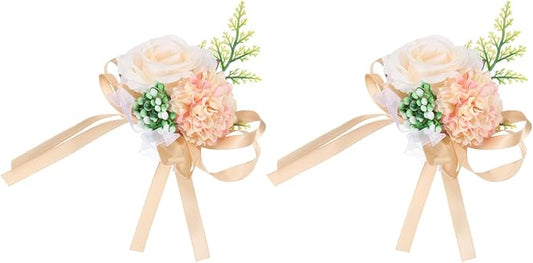 MECCANIXITY Wrist Corsage Artificial Flower Bracelets Pack of 2 Rose Wrist Bride Groom Decorative for Wedding Ceremony Prom Party Anniversary, 10x12cm Light Beige