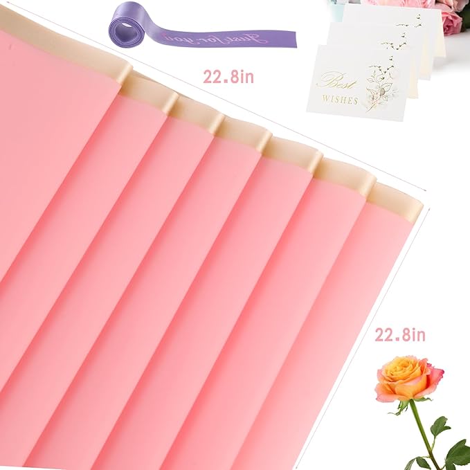 YIDATIKER 20 sheet Flower Wrapping Paper,waterproof floral wrapping paper for bouquets,DIY Florist Supplies Packaging Paper with satin ribbon for Wedding,Birthday,Valentine's Day（Rose Pink