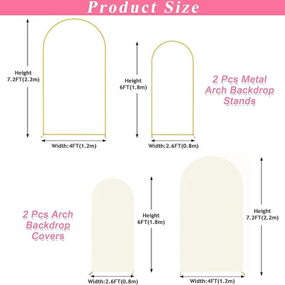 Putros Metal Arch Stand with Cover Set of 2 Ivory Spandex Fitted Wedding Arch Cover and Round Top Chiara Backdrop Stand for Birthday Party Baby Shower Decoration 7.2FT, 6FT