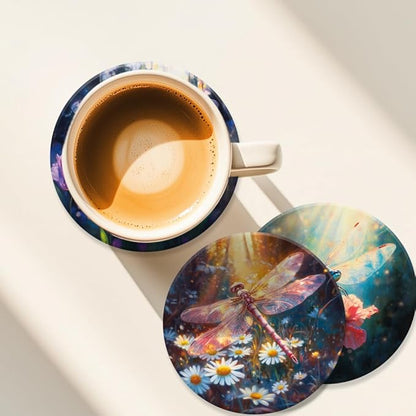 ANATTASOUL Coasters Set of 9 Fantasy Dragonfly Pattern Colorful Wooden Coasters Bulk Round Housewarming Gift for New Home, 3.9" Decorative Coffee Table Protection for Farmhouse Bar House Decor