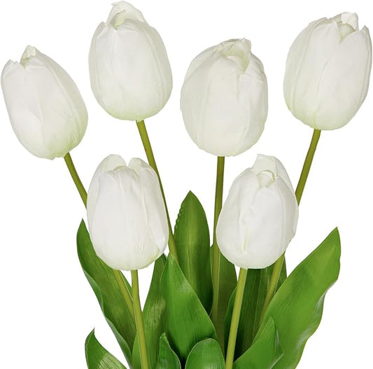 6PCS 23" Fake Tulip Flowers Artificial White Tulips Long Stem Faux Flower, Silk Flower Décor for Floral Arrangement Home Farmhouse Wedding Decoration