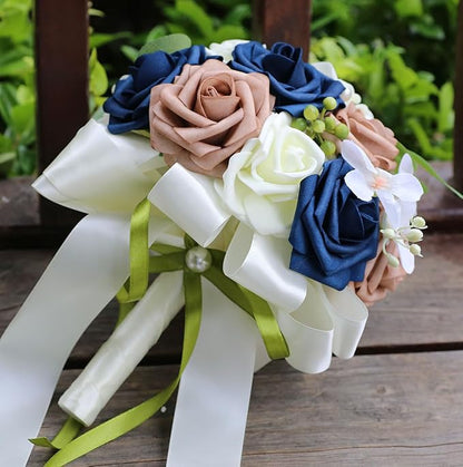Lightweight Bridal Wedding Bouquet Round Holding Bouquet Throw Toss Artificial Rose Flower Bunch for Bride Bridesmaid Wedding Quinceanera (Cream, Navy & Rosy Brown, 7.9")