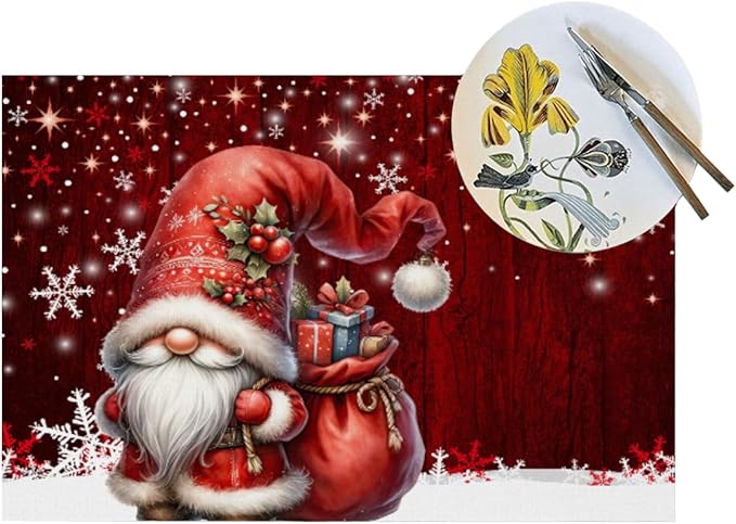 PVC Placemats Set of 1 Wipeable Table Mats Washable Heat Resistant Non Slip Vinyl Dining Table Mat for Kitchen Indoor Outdoor Patio Farmhouse Place Mats Red Santa Claus Gnome Decorative