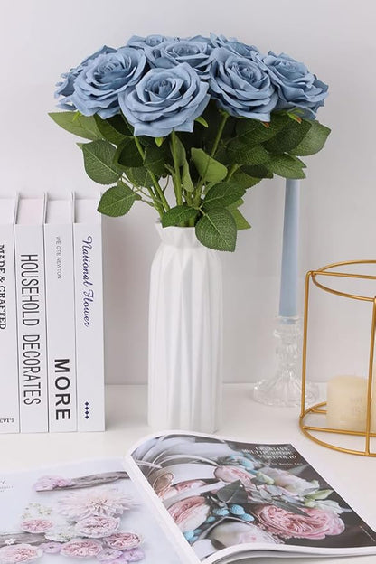 Artificial Rose Flower Dusty Blue Flowers Dusty Blue Roses Silk Flowers 12 pcs with Long Stem Silk Roses Bouquet for Wedding Bridal Shower Party Home Decoration