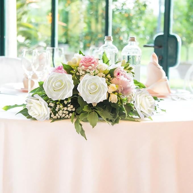 Cliselda 100Pcs Artificial Flowers Ivory White Fake Roses with Stems, Valentine's Day Gifts, Real Touch Foam Rose Bulk Faux Flowers for Decoration Centerpieces Flower Arrangements