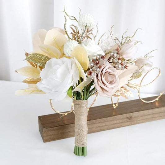 S_SSOY Wedding Bouquet Bride,Bride Bridal Bouquet Bridesmaid Artificial Flowers for Ceremony Anniversary Party Bridal Shower Decoration Wedding Bouquets (Beige)