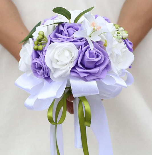 Lightweight Bridal Wedding Bouquet Round Holding Bouquet Throw Toss Artificial Rose Flower Bunch for Bride Bridesmaid Wedding Quinceanera (White & Mid Purple, 9.1")