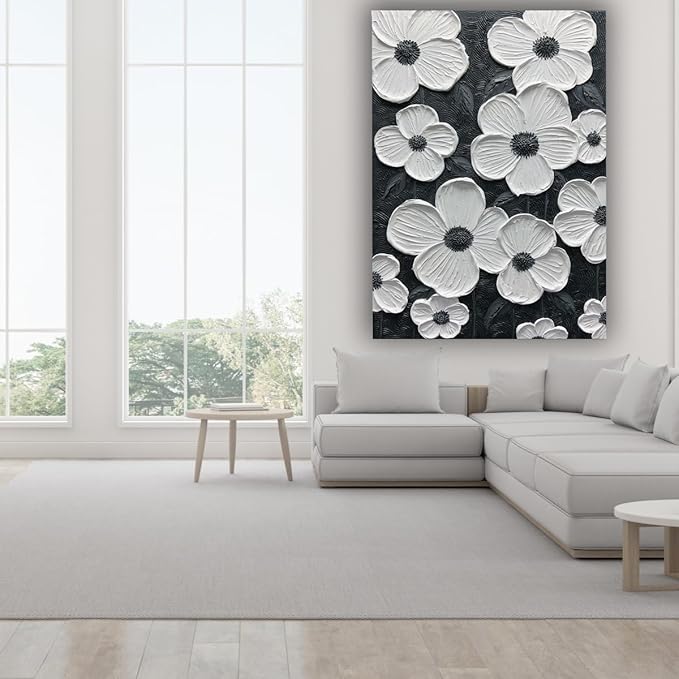 moshinart 24 x 36in Hand-Painted Oil Painting 3D Texture Black White Grey Modern Minimalist Black Abstract Wall Art, Home Office Wall Decoration Petal