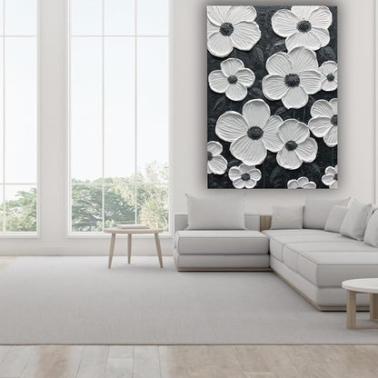 moshinart 24 x 36in Hand-Painted Oil Painting 3D Texture Black White Grey Modern Minimalist Black Abstract Wall Art, Home Office Wall Decoration Petal