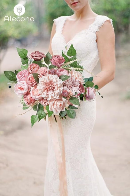 Alecono Artificial Flowers, Dusty Pink Silk Fake Flowers for DIY Wedding Bridal Bouquets, Wedding Cake Flowers for Table Centerpieces Baby Shower Birthday Party Home Decorations