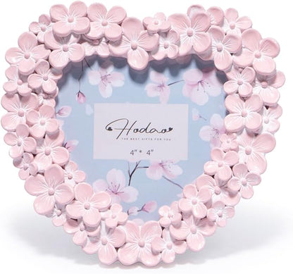 Hodao 4x4 Inch 3D Floral Heart Shaped Frame - Hand-Crafted Resin Picture Frame with White & Gold Accents for Wedding, Valentine’s Day & Romantic Home Decor (Pink-Heart)