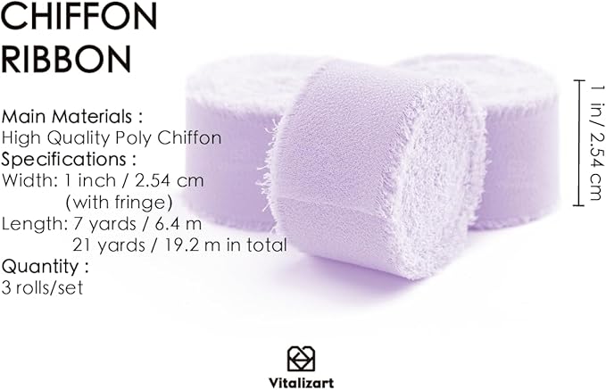 Vitalizart Lavender Purple Chiffon Silk Ribbon 1" x 21 Yd Fringe Fabric Package (3 Rolls * 7 Yd) for Wedding Invitations Bridal Bouquets Decorations Gifts Wrapping & Bow Making Lilac
