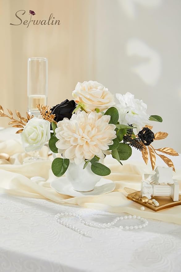 Serwalin Artificial White & Black & Champagne Flowers, Silk Fake Flowers for DIY Wedding Bouquets Cake Flowers, Table Centerpieces Baby Shower Birthday Party Home Decorations