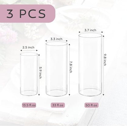 3 PCS Modern Glass Cylinder Vases Set (6/8/10 Inch) – Elegant Bud Vases, Floating Candle Holders & Wedding Centerpiece Displays for Home Decor, Holidays, Housewarming Gifts
