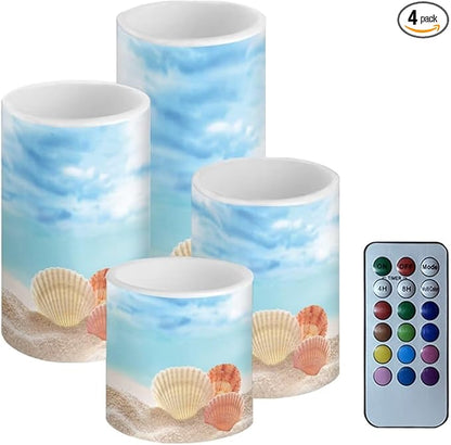 Flameless Candles with Remote Control, Set of 4, Color Changing Flickering Flameless LED Pillar Candles with Battery Operated, Beach Seashell Blue Decor