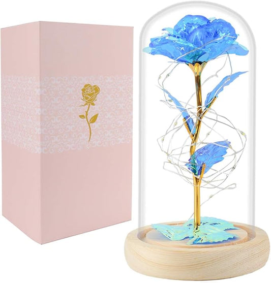 Beferr Mom Birthday Gifts for Women, Galaxy Glass Rose Forever Preserved Flowers for Delivery Prime Light Up Rose in Glass Dome Christmas Rose Gifts for Her Wife Daughter Friends, Blue