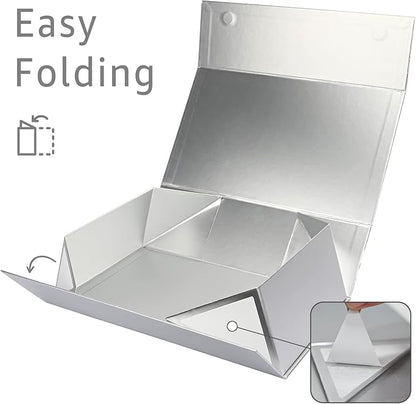 LIFELUM Large Gift Boxes with Lids, 2 Pack 13.8 x 8.3 x 4.4 inch Silver Gift Boxes with Ribbon, Card, Shredded Paper Filler for Presents, Graduation, Christmas, Birthdays