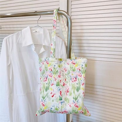 Cotton Canvas Tote Bag Reusable Soft Grocery Cloth Bag Floral Shoulder Bag for Beach Travel Shopping