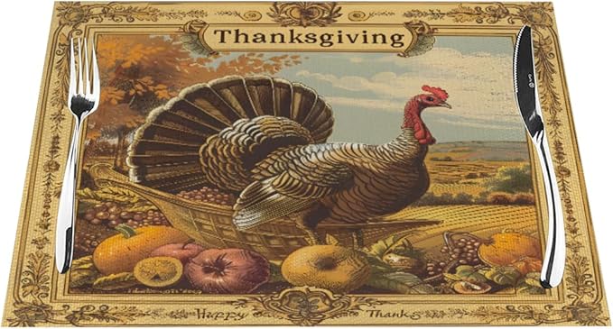 PVC Placemats Set of 1 Wipeable Table Mats Washable Heat Resistant Non Slip Vinyl Dining Table Mat for Kitchen Indoor Outdoor Patio Farmhouse Place Mats Retro Turkey Thanksgiving Decorative
