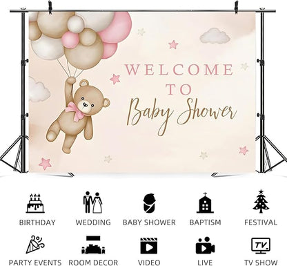 10x6.5ft Bear Baby Shower Backdrop Brown Pink Hot Air Balloon Photography Background Sky Cloud Star Welcome to Baby Shower Decorations Pregnancy Announcement Portrait Photo Booth Prop