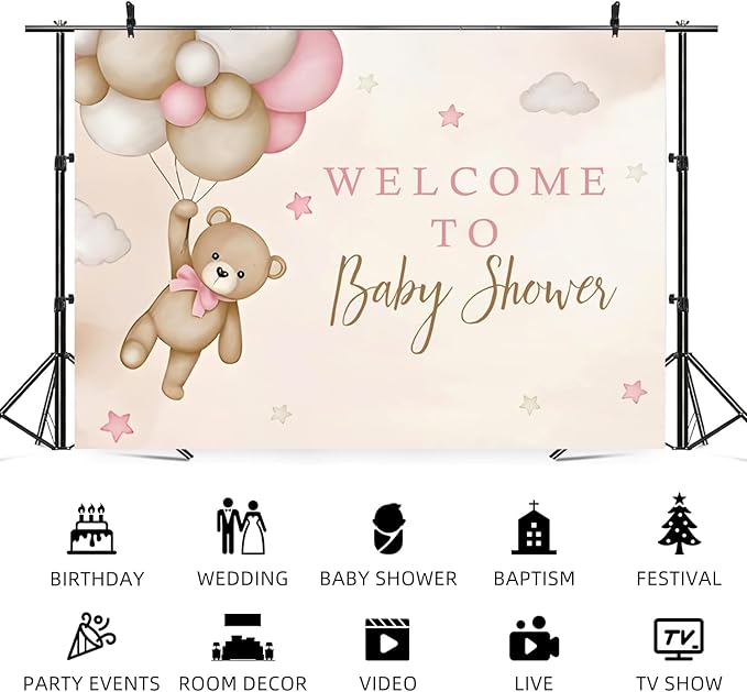 15x8ft Bear Baby Shower Backdrop Brown Pink Hot Air Balloon Photography Background Sky Cloud Star Welcome to Baby Shower Decorations Pregnancy Announcement Portrait Photo Booth Prop