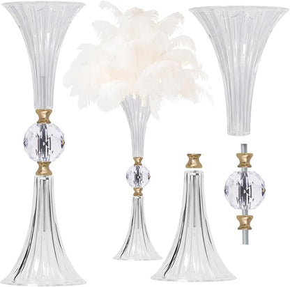 VIJIV Crystal Acrylic Trumpet Vase for Wedding Centerpieces & Home Decor - 18.9" Clear Flower Stand with Ribbed Texture, Gold Accents, Table/Floor Vase for Events, Bridal Showers & Boho Weddings