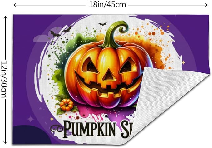 PVC Placemats Set of 1 Wipeable Table Mats Washable Heat Resistant Non Slip Vinyl Dining Table Mat for Kitchen Indoor Outdoor Patio Farmhouse Place Mats Funny Purple Halloween Pumpkin Decorative
