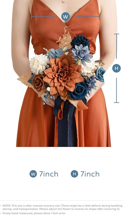 Ling's moment Artificial Flowers Orange & Navy Bridesmaid Bouquet Set of 4, Orange Wedding Flowers Bouquets for Bridesmaids, 7 Inch Bridal Bouquets for Bridesmaids, Wedding Decor, etc