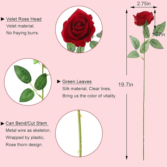 12Pcs Red Roses Artificial Flowers Fake Roses Faux Velvet Silk Flower for Home Wedding Decoration (Pearl Rose, Red)