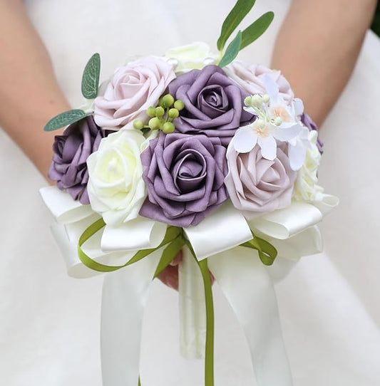 Lightweight Bridal Wedding Bouquet Round Holding Bouquet Throw Toss Artificial Rose Flower Bunch for Bride Bridesmaid Wedding Quinceanera (Cream, Deep Taro & Light Taro, 6.7")