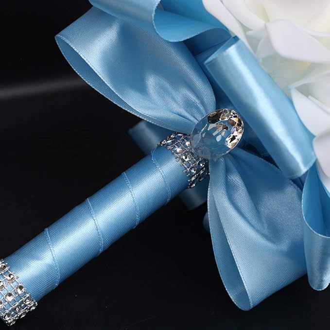 Wedding Bouquet, Blue Bouquet for Bride Bridesmaid with Diamond Soft Ribbons, Artificial Rose Bridal Holding Flowers for Party Church