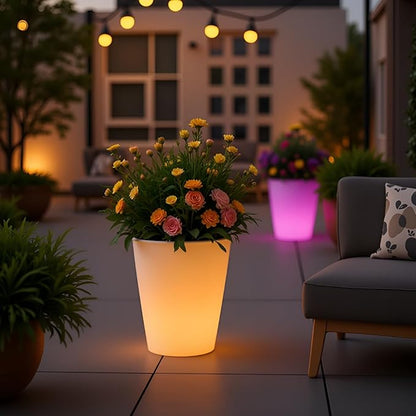 Mr.Go RGB LED Flower Pot Light w/Remote, 16 Color Changing Colorful Flowerpot, Rechargeable Lighted Planter & Ice Bucket for Home Decor, Perfect for Garden, Party, Wedding, Gifts (16-inch Round)