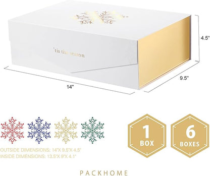 PACKHOME Large Christmas Gift Box 13.5x9x4.1 Inches, Sturdy Collapsible Gift Box with Magnetic Closure Lid (Gold Snowflake Pattern)