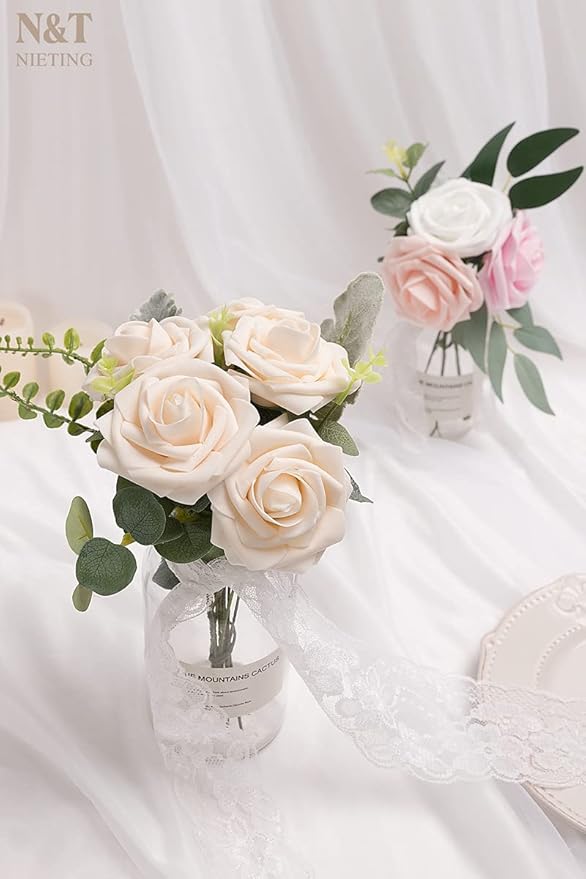 N&T NIETING Artificial Flowers, 25pcs Fake Flowers Bulk Perfect for DIY Fall Wedding Bridesmaid Bridal Bouquets Centerpieces Party Home Flower Arrangement Decoration, Cream Roses