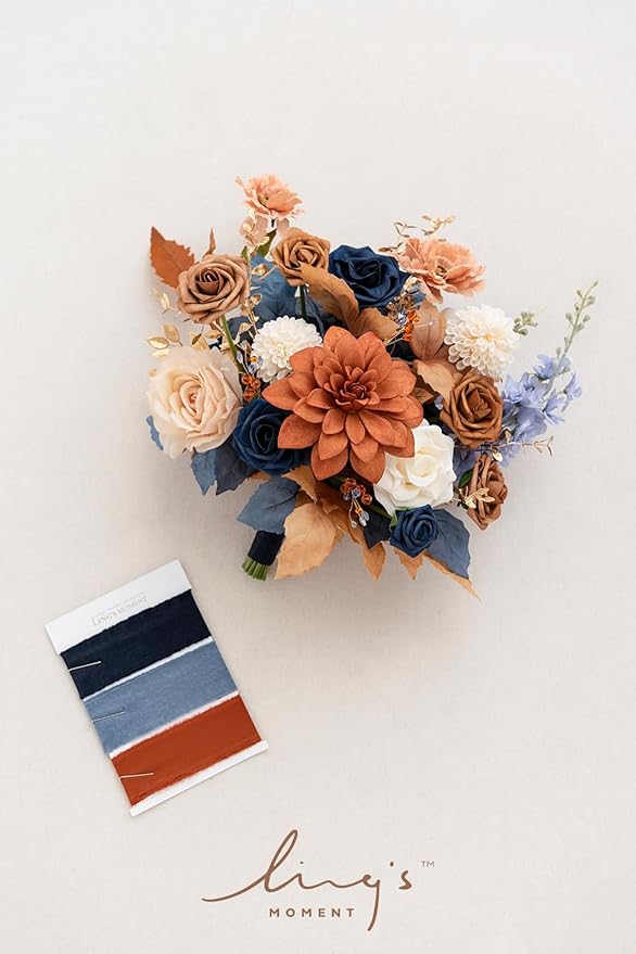 Ling's moment Blue and Orange Wedding Bouquets for Bride, Navy Orange Bridal Bouquets for Bride, 13 Inch Free Form Artificial Wedding Flowers Bouquets