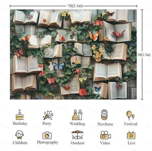 7x5ft Flowers Bookshelf Backdrop Vintage Bookshelf Backdrop for Photography Rustic Flower Party Background Adults Baby Shower Portrait Photo Studio Background Props KUBYW002