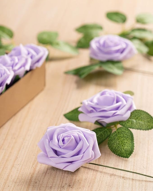 DuHouse 25Pcs Artificial Roses Flowers Fake Roses with Stems Real Touch Foam Flowers for DIY Wedding Bouquet Baby Shower Centerpiece Floral Arrangement Party Home Decor(Lilac)