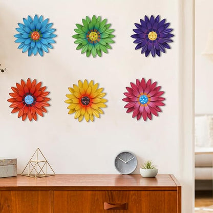 hogardeck Metal Flower Wall Decor - 6 PCS 8" Multicolor Flower Decor for Indoor Outdoor, Sunflower Kitchen Decor Floral Metal Wall Art, Sunflower Wall Decor for Bathroom, Living Room, Porch, Garden, Yard