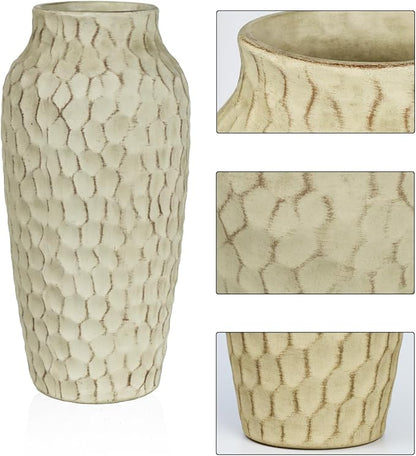 Rustic Beige Ceramic Vase for Flowers, Distressed Textured Vintage Farmhouse Decorative Vase for Pampas Grass, Eucalyptus, Table Centerpiece & Fall Home Decor