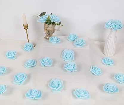 IPOPU Artificial Rose Flower Heads, 100pcs Light Blue Foam Fake Roses Bulk 3in Stemless Flowers for DIY Wedding Baby Shower Centerpieces Arrangements Party Tables Home Decorations (Light Blue)
