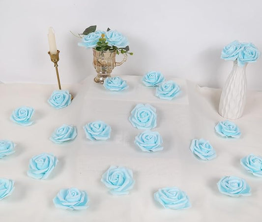 IPOPU Artificial Rose Flower Heads, 100pcs Light Blue Foam Fake Roses Bulk 3in Stemless Flowers for DIY Wedding Baby Shower Centerpieces Arrangements Party Tables Home Decorations (Light Blue)