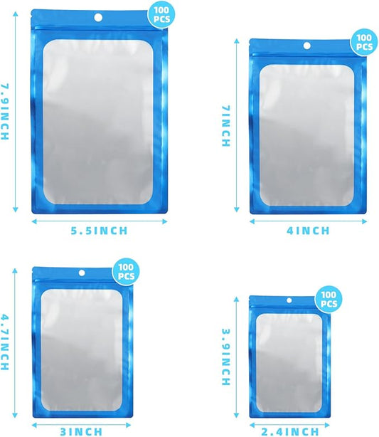 400 Pack 4 Size Bags with Clear Window,Scratch Resistant Hand Holographic Packaging Pouch,Resealable Bag for Small Bussiness Cookies Jewelry Candy Sample (Blue, 2.4×3.9,3x4.7,4×7,5.5×7.9 inch)