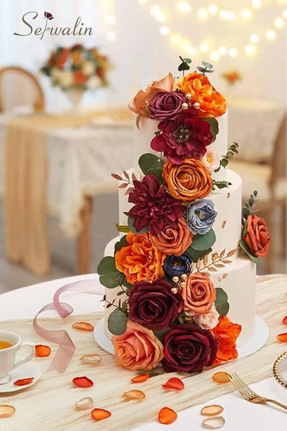 Serwalin Artificial Fall Flowers Orange Burgundy Silk Flowers Wedding Flowers Combo for Cake Home Party Decoration, Fake Flowers for Bridal Bouquets Floral Arrangements