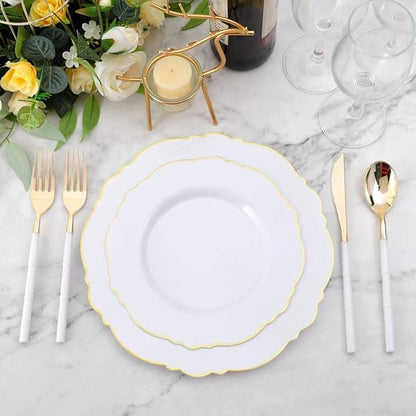 WDF 180Pieces Gold Plastic Silverware-Gold Plastic Cutlery with White Handle-Heavyweight Disposable Flatware-Include 60Forks, 60 Spoons, 60 Knives For Thanksgiving