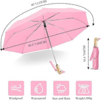 Cute Duck Umbrella Automatic - Compact Pretty Pocket Size Strong Duck Collapsible Umbrella Yellow Wooden Handle for Women