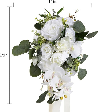 Artificial Bridal Bouquet, 11 Inch White Artificial Wedding Bouquets for Bride Bridal Bouquet Bridesmaid Bouquet Tossing Bouquet for Wedding Ceremony and Anniversary(White)