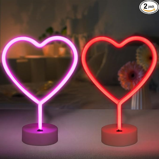 BRIGHTDECK Valentines Day Decorations, 2 Pack Heart Neon Signs, LED Pink Lights Battery Operated or USB Powered, Neon Lights Heart Decor for Valentine's Day Gifts, Wedding, Party, Pink Room Decor