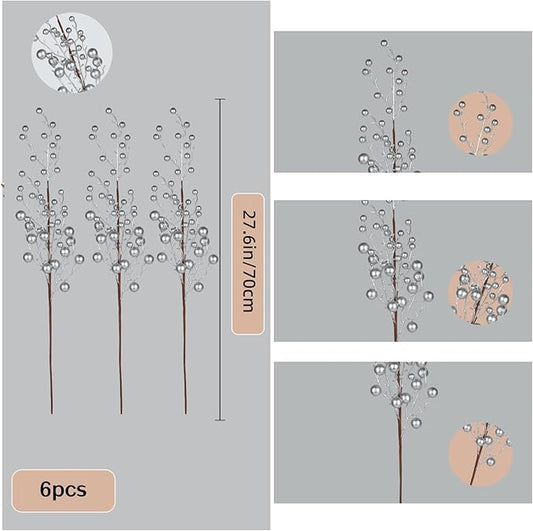 6 Picks Sliver Berry Twig Long Stems: Decorative Picks for Vases, Floral Arrangements, and Holiday Crafting (Silver)