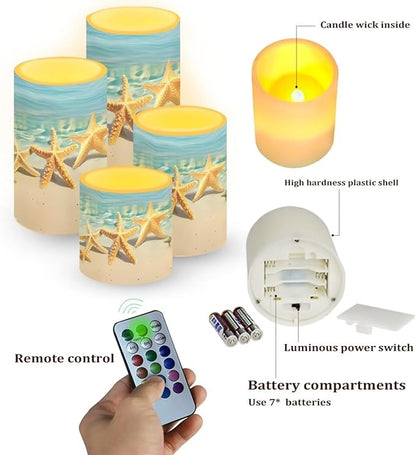 Battery Operated Tea Lights Candles with Timer, Flickering Flameless LED Pillar Color Changing Candles with Remote for Beach Coastal Decor Beach Starfish Blue, Set of 4